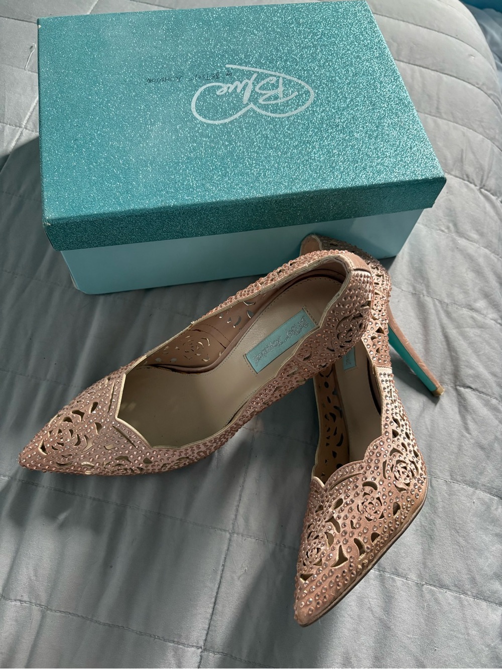 Blue by Betsey Johnson Blush Pink Laser-Cut Pointed Toe Heels with Rhinestones